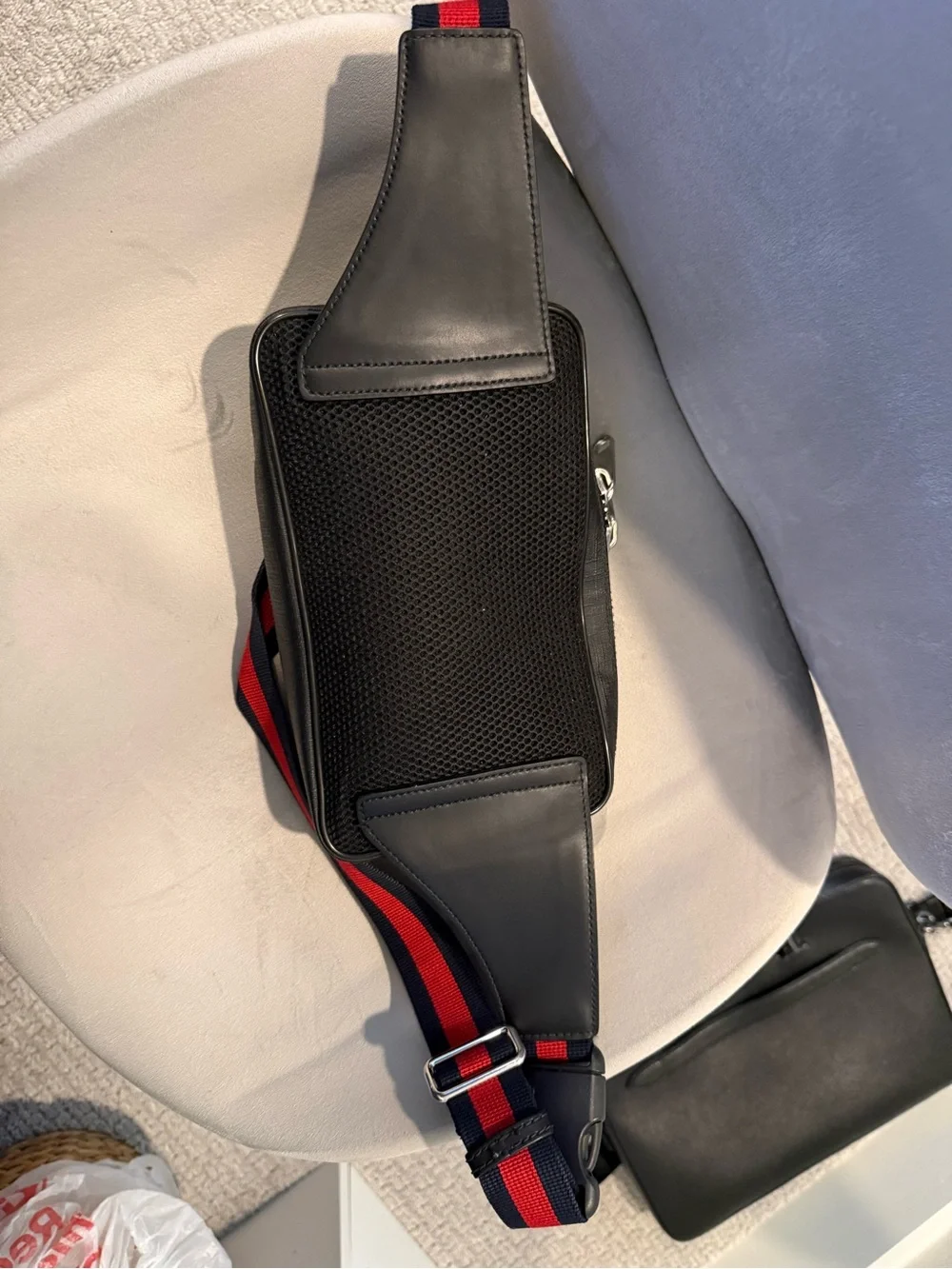 Gucci Black GG Supreme Belt Bag with Red & Blue Web Strap